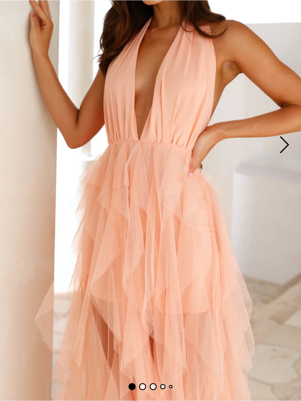 NWT Current on Website Hello Molly She’s a Winner Tulle Halter Maxi Dress Peach